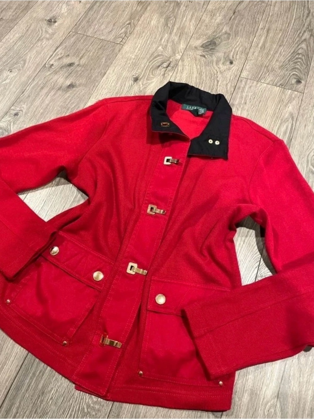 Lauren Ralph Lauren Red Wool-Blend Jacket with Black Collar and Gold Hardware